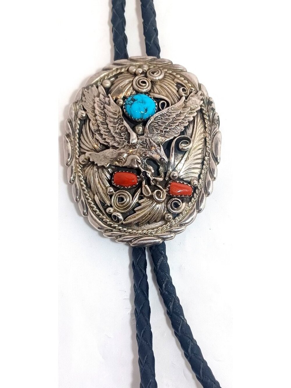 Vtg Navajo Signed Allen Chee Turquoise Coral Eagle Sterling Silver Bolo Tie 56g